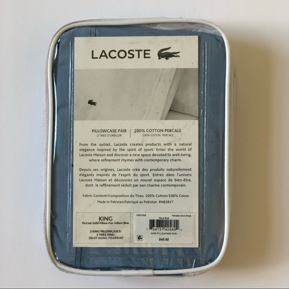 LACOSTE CAMEO ALLURE BLUE KING PILLOWCASES. 2. NEW - Picture 2 of 5